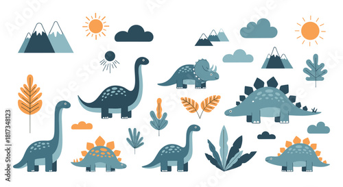Modern collection of cute stylized dinosaurs with prehistoric landscape elements like mountains clouds and leaves for kids.