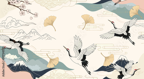 Elegant Japanese background with flying cranes ginkgo leaves cherry blossoms and mountains in a traditional oriental style.