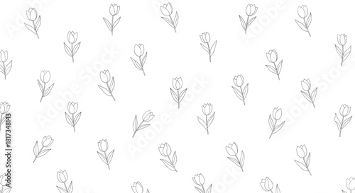 Minimalist seamless pattern featuring delicate hand-drawn tulip flowers with a dotted line effect on a simple white background.