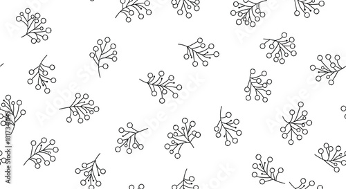Minimalist seamless pattern of hand-drawn berry branches in a simple black and white line art style for a modern design.