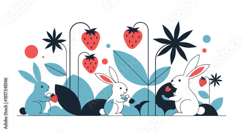Modern flat vector illustration of three cute rabbits eating strawberries in a stylized geometric garden on a white background.