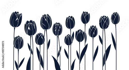 Elegant and minimalist illustration of a row of dark blue tulip silhouettes standing against a clean white background.