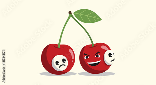 Quirky cartoon illustration of two cherries with contrasting personalities one sad and the other with a sly evil expression.