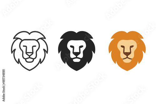 Minimalist Lion Icons. Minimalist lion animal icon: three identical lion heads with mane in a row, first in line style with thin