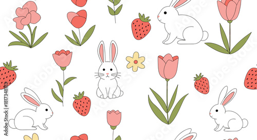 Sweet seamless spring pattern with cute white rabbits pink tulips and red strawberries on a clean white background for kids.