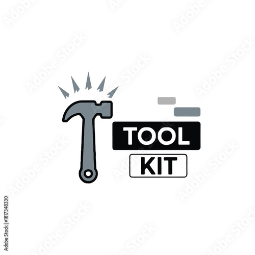 A graphic of a hammer with tool kit text and gray bricks in a simple and modern design style