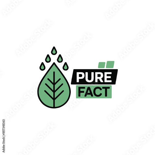Illustration of a leaf with water droplets and the words pure fact in black and green colors