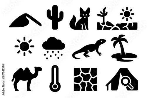 Desert Icons Collection. Solid style icons of Desert Ecology: sand dune, cactus, desert fox, land degradation, sun, sandstorm,