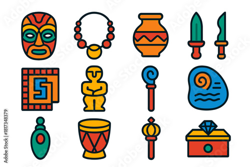 Cultural Artifact Icons. Flat vector icons of cultural artifacts: ceremonial mask, necklace, pottery vase, bronze dagger, textile