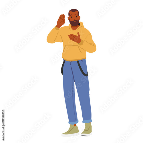 Young handsome guy cartoon character promising with gravity of a spoken pledge full-length portrait