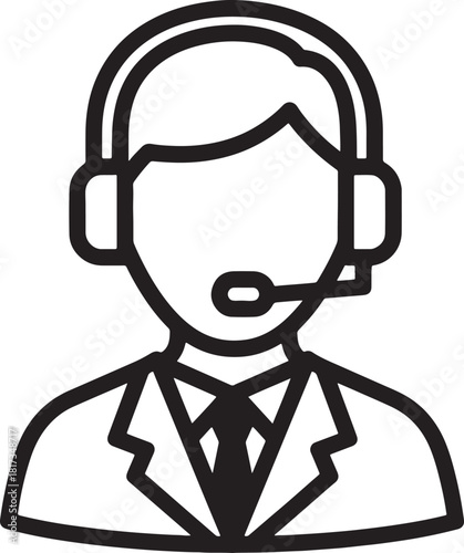 Black and white icon of a person wearing a headset and a suit microphone isolated on a white background.