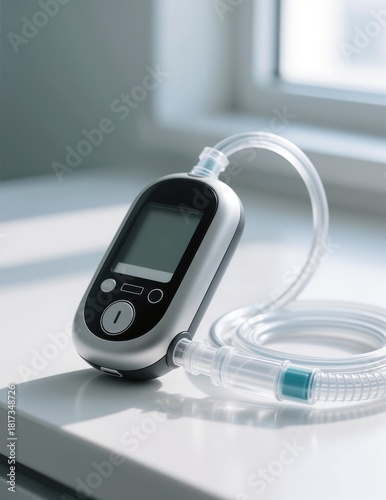 Insulin pump with tubing on a countertop with natural light for diabetes management