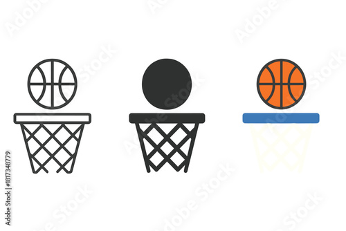Basketball Hoops Variety. Minimalist basketball hoop icon: three identical hoops with nets and a ball above in a row, first in