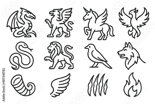 Mythical Creature Icons. Line style icons of Mythical Creatures: Dragon, Griffin, Unicorn, Phoenix; Serpent, Lion, Bird, Wolf;