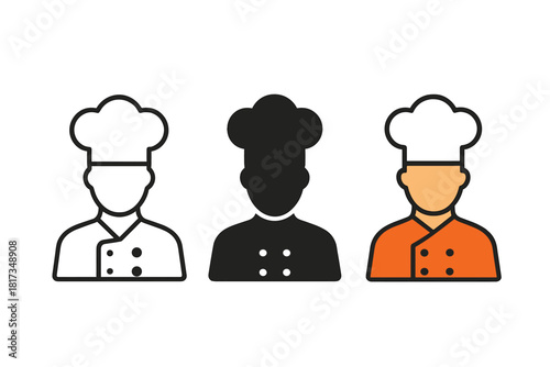 Minimalist Chef Icons. Minimalist chef profession icon: three identical chefs wearing tall hats in a row, first in line style with