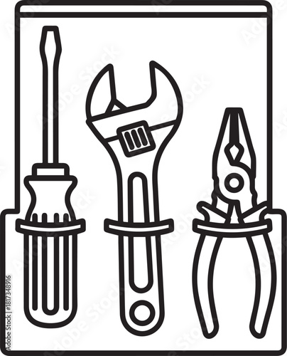 Black and white line art of a screwdriver, adjustable wrench and pliers tools