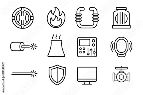 Fusion Technology Icons. Line style icons of Fusion Technology: Tokamak, Plasma, Magnetic Coil, Reactor Core; Laser, Cooling