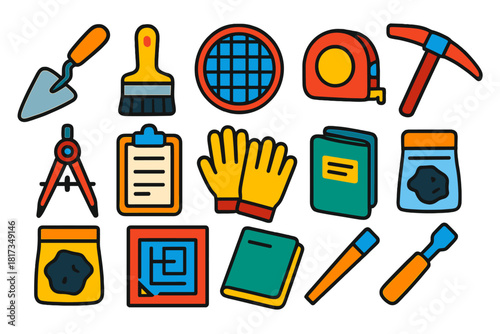 Archaeology Tool Icons. Flat vector icons of archaeological tools: trowel, brush, sieve, measuring tape, compass, clipboard,