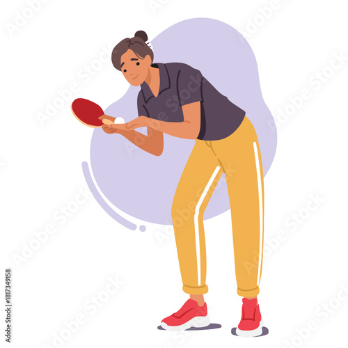 Woman cartoon character swinging ping pong racket in motion of serving during table tennis game
