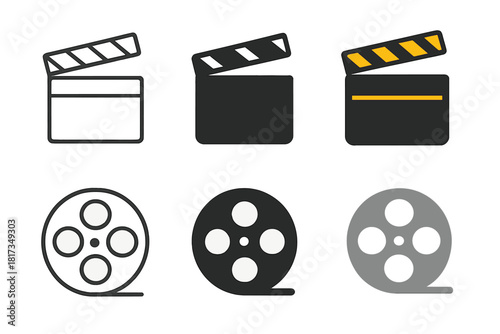 Minimal Film Icons. Linear minimalistic movie clapper icon: clapperboard outline with stripes, uniform line thickness, no fill,