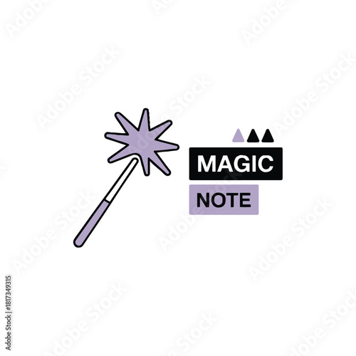 A graphic design featuring a magic wand and the words magic note on a white background design