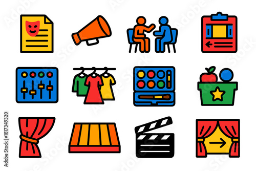 Theater Production Icons. Flat vector icons of theater production: script, director megaphone, rehearsal, stage plan, lighting