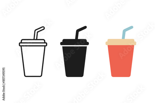 Minimalist Soda Icons. Minimalist soda cup fast food icon: three identical soda cups with straws in a row, first in line style