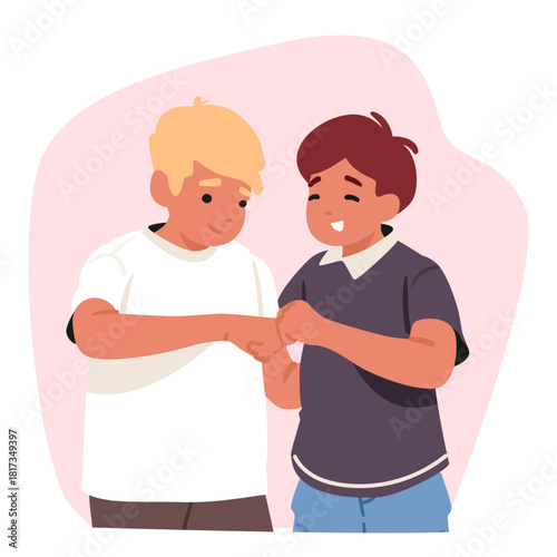 Two schoolboys cartoon characters strengthening friendship with fist bump gesture cartoon scene