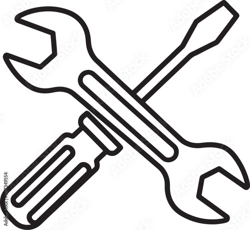 Black outline crossed wrench and screwdriver icon on white background tool tools