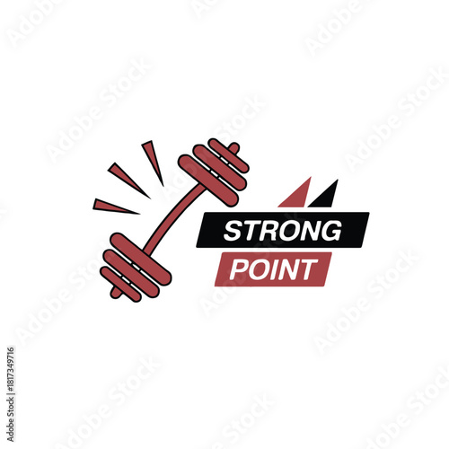 A stylized logo featuring a red dumbbell and the words strong point on a white background design element