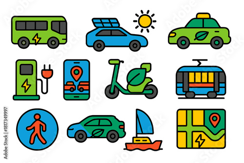 Sustainable Transport Icons. Flat vector icons of sustainable transportation: electric bus, solar-powered car, bicycle lane, green