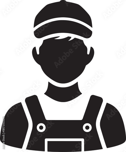 Black vector art silhouette icon of a person wearing overalls and a cap worker isolated on a white background.