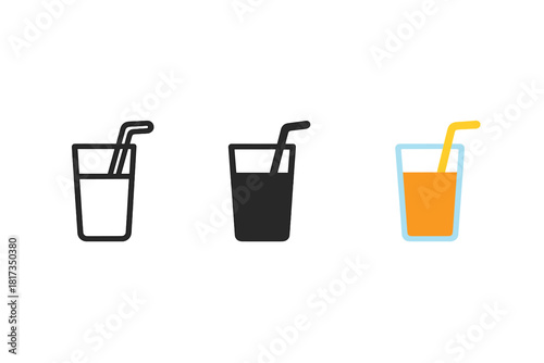 Juice Glass Styles. Minimalist juice breakfast icon: three identical glasses of juice with straws in a row, first in line style