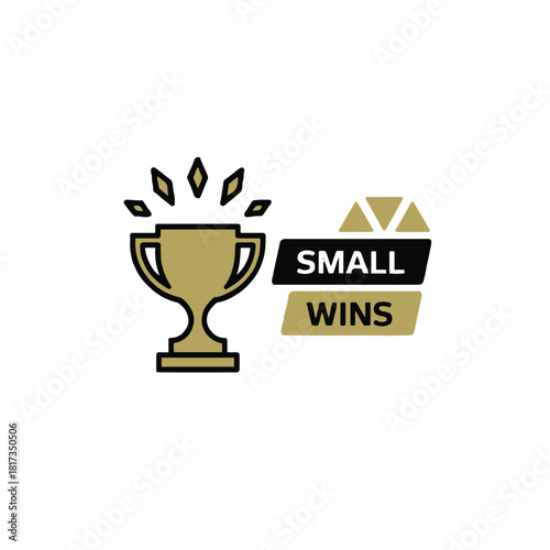 Illustration of a golden trophy with diamond accents and the words small wins next to it