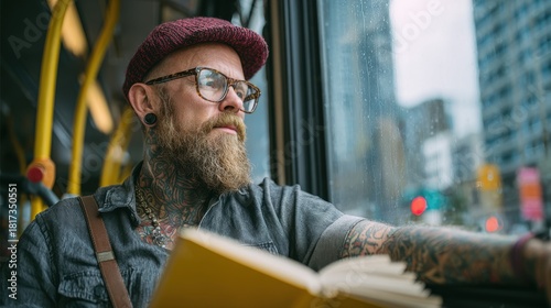 Bearded man with glasses reading a book on a city bus, rainy window in background