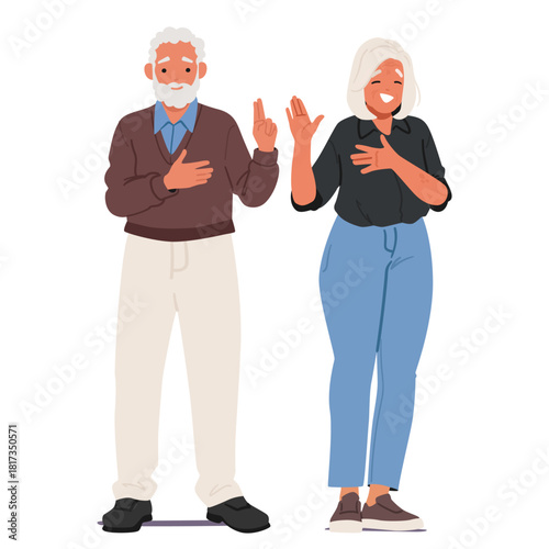 Senior man and woman isolated cartoon characters gesturing promise with oath giving solemn vows