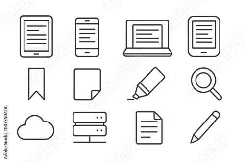 E-Book Platform Icons. Line style icons of E-Book Platforms: Tablet, Smartphone, Laptop, Reader App; Bookmark, Note, Highlight,