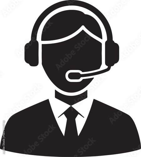 Black silhouette of a person wearing a headset and tie microphone isolated on a white background.