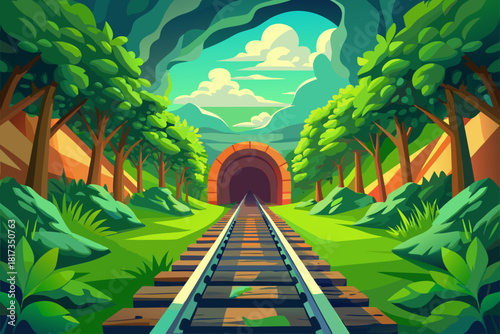 The blurred vision of train tracks disappearing into a vibrant green tunnel towards a distant flyover, creating a dynamic sense of speed,