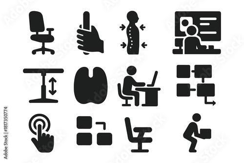 Ergonomics Icon Set. Solid style icons of ergonomics and user experience: ergonomic chair, hand gripping handle, posture diagram,