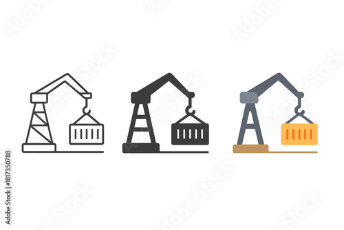 Minimalist Crane Icon. Minimalist crane cargo icon: three identical port cranes lifting containers in a row, first in line style