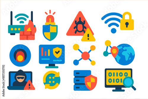 Network Security Icons. Flat vector icons of network security: router firewall, intrusion detection, malware alert, secure Wi-Fi,
