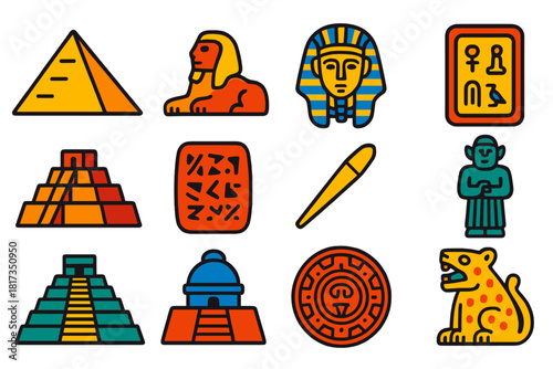 Ancient Civilization Icons. Flat vector icons of ancient civilizations: Egyptian pyramid, sphinx, pharaoh mask, hieroglyph tablet,