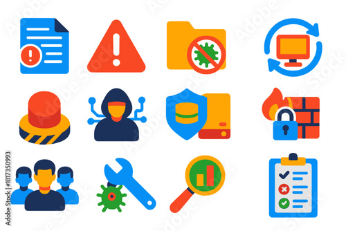 Cybersecurity Icons. Flat vector icons of cyber threat response: incident report, alert notification, quarantine folder, system