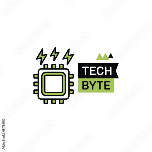 A digital illustration of a microchip with lightning bolts and a tech byte banner design graphic logo