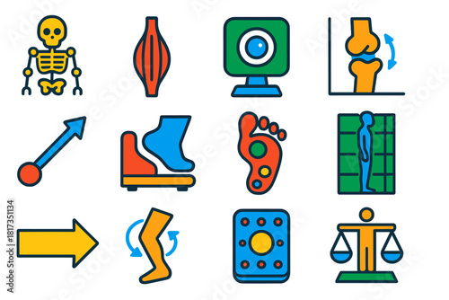 Biomechanics Icon Set. Flat vector icons of biomechanics: skeletal model, muscle diagram, motion capture camera, joint angle chart