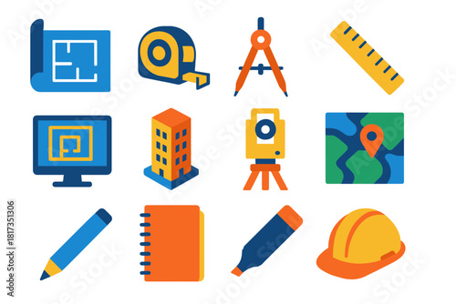 City Planning Tools Icons. Flat vector icons of city planning tools: blueprint, measuring tape, compass, scale ruler, CAD screen,