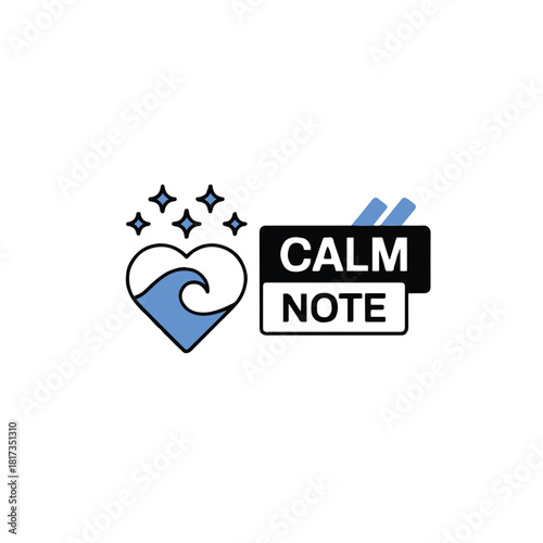 A logo featuring a heart with a wave inside and the text calm note next to it with stars above heart