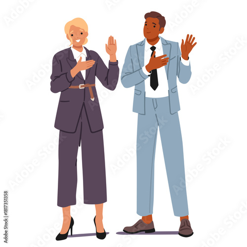 Businessman and businesswoman isolated cartoon characters giving promise with oath gesture