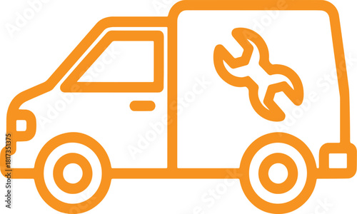 Orange line art service van with wrench symbol on white background repair maintenance isolated on a white background.